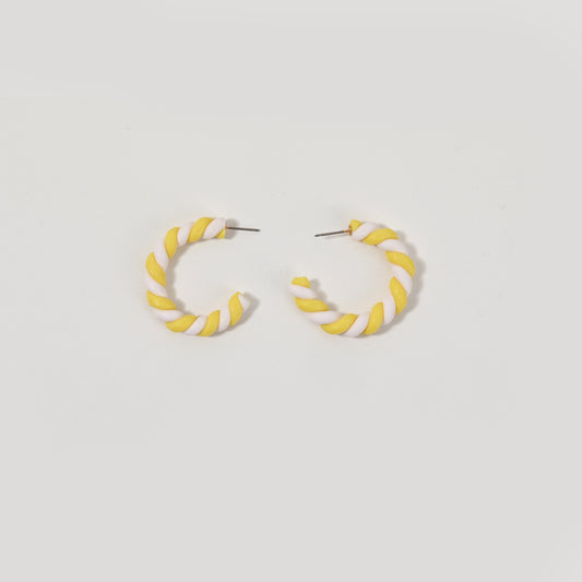 Yellow-and-White Twisted Clay C-shaped Hoop Earrings