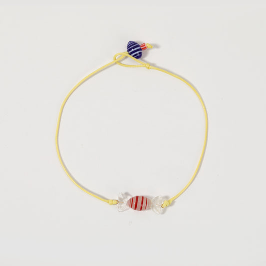 Yellow Cord Red-and-White Striped Glass Candy Necklace