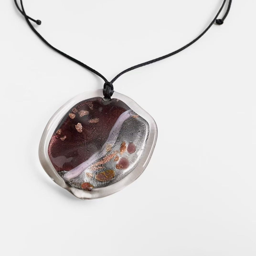 Woman's jewelry - Multi color glass pendant black cord necklace