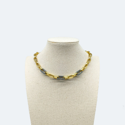 Gold and gunmetal chain necklace with rhinestone